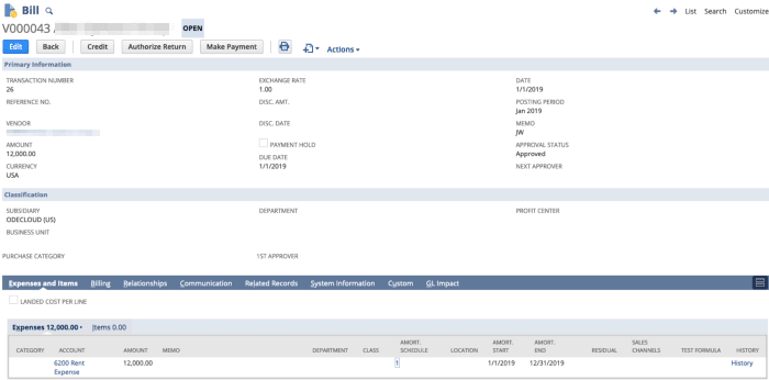 NetSuite vendor bill - prepaid amortization