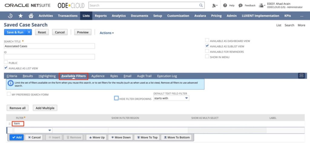 Filter the NetSuite Item Record with available filters