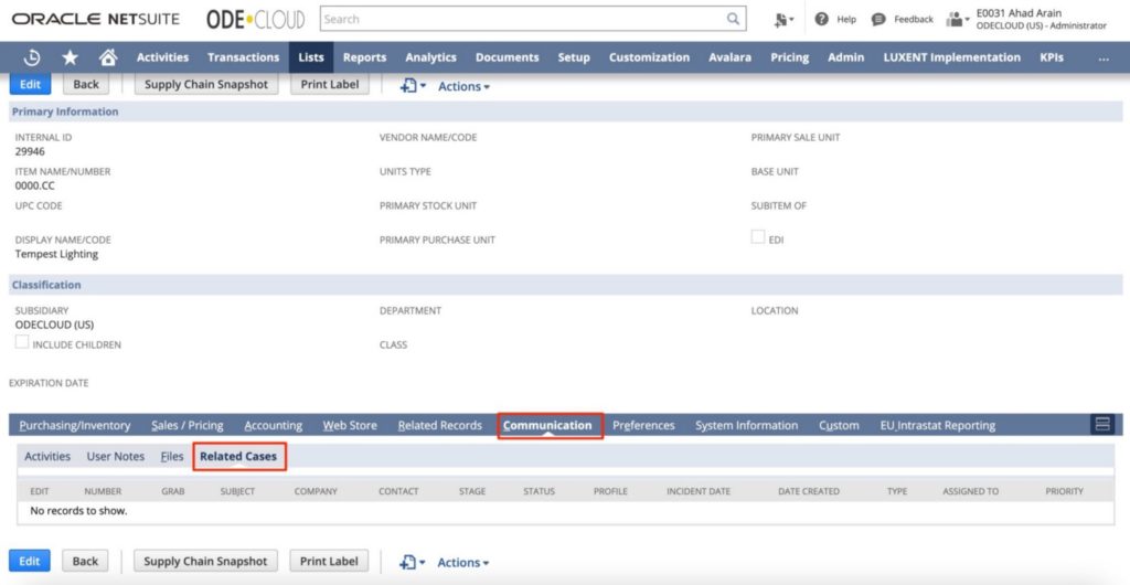 Find all related cases within the NetSuite item record